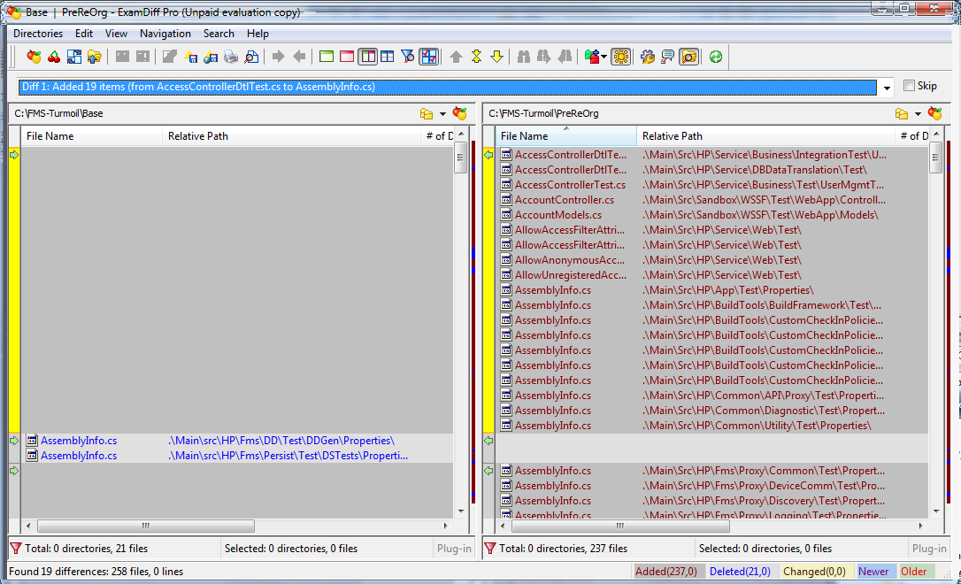 Here's a screen shot after doing the diff.
