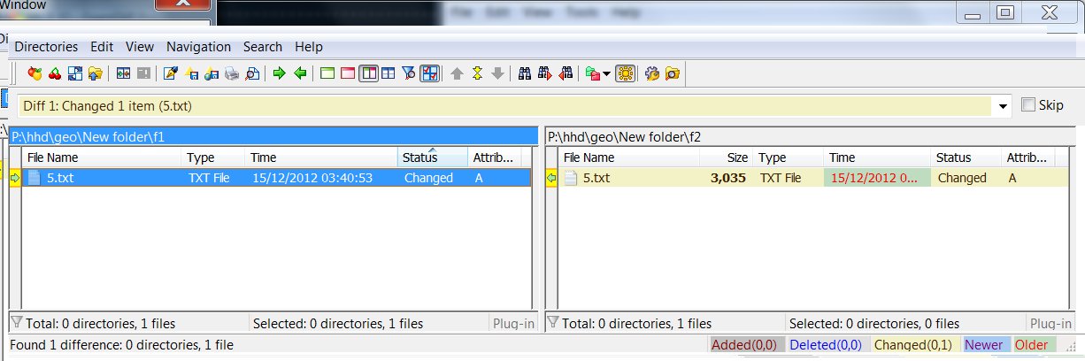 Shows result of folder comparison (note that 'use ignores' is on)
